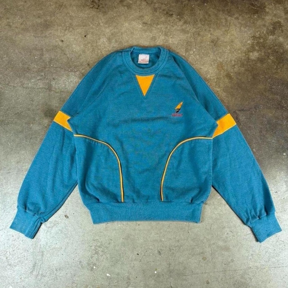 Vintage 80s blue & yellow long sleeve waffle knit Cancun shirt  Size men's small